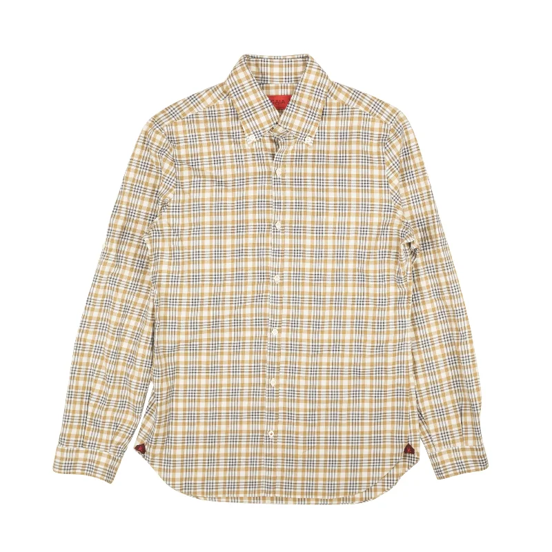 Isaia Napoli Plaid Cotton Slim Fit Shirt - Camel