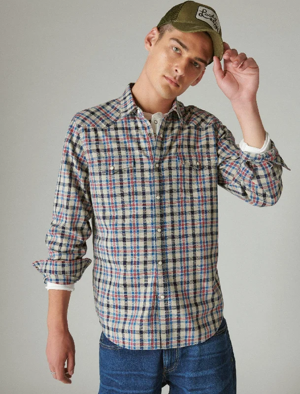 Lucky Brand Men's Indigo Plaid Western Long Sleeve Shirt