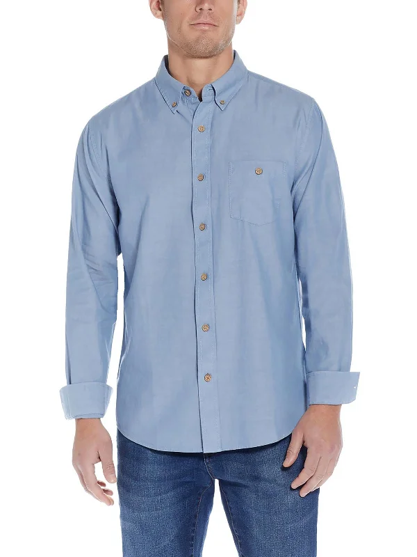 Mens Solid Cotton Button-Down Shirt