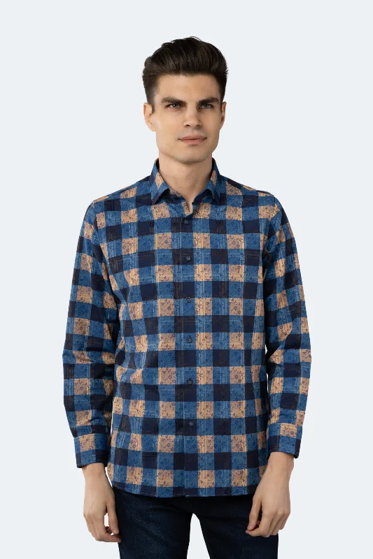 Navy, Blue and Gold Patch Plaid Floral Jacquard Shirt