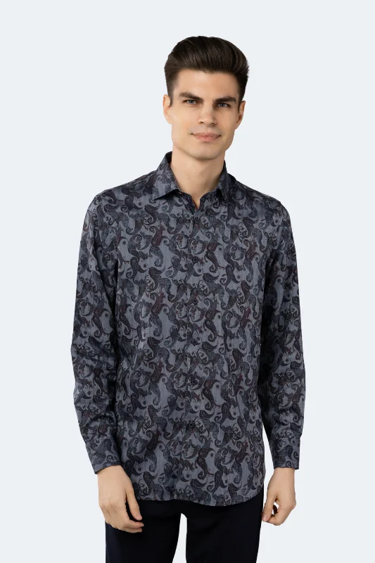 Navy Herringbone Jacquard Woven with Paisley Shirt