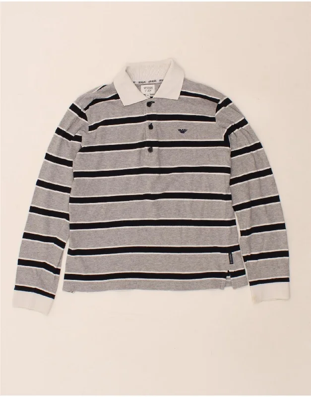 ARMANI Boys Long Sleeve Polo Shirt 11-12 Years Grey Striped Cotton