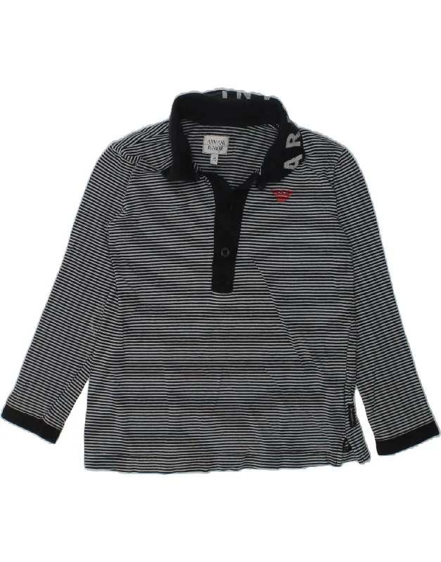 ARMANI JUNIOR Boys Long Sleeve Polo Shirt 6-7 Years Black Striped Cotton