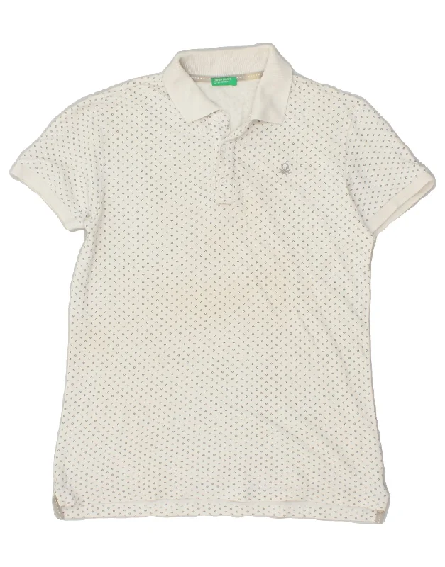 BENETTON Boys Abstract Pattern Polo Shirt 13-14 Years 3XL White Cotton