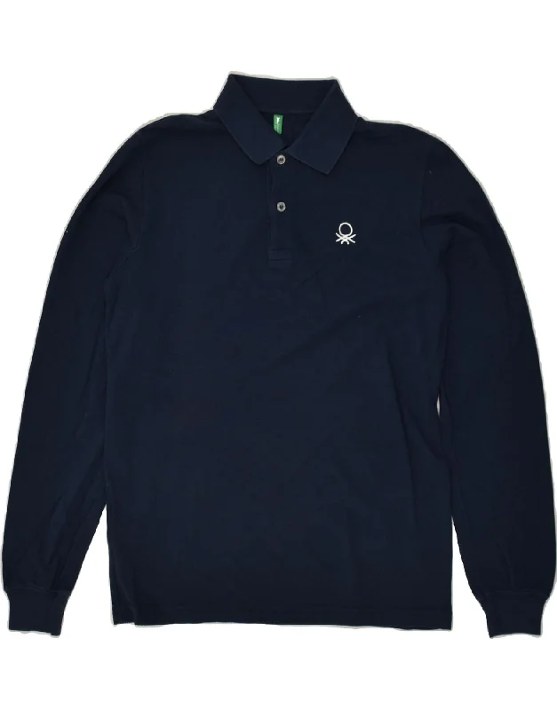 BENETTON Boys Long Sleeve Polo Shirt 11-12 Years 2XL Navy Blue Cotton