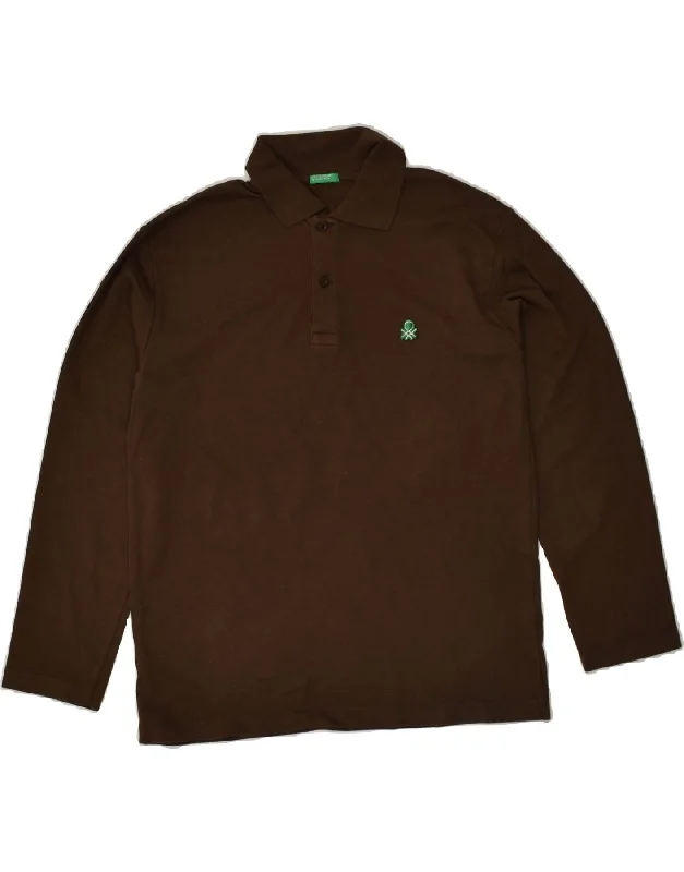 BENETTON Boys Long Sleeve Polo Shirt 9-10 Years Large Brown Cotton