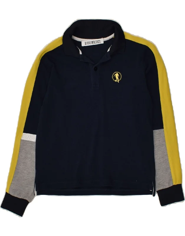 BIKKEMBERGS Boys Long Sleeve Polo Shirt 7-8 Years Navy Blue Colourblock