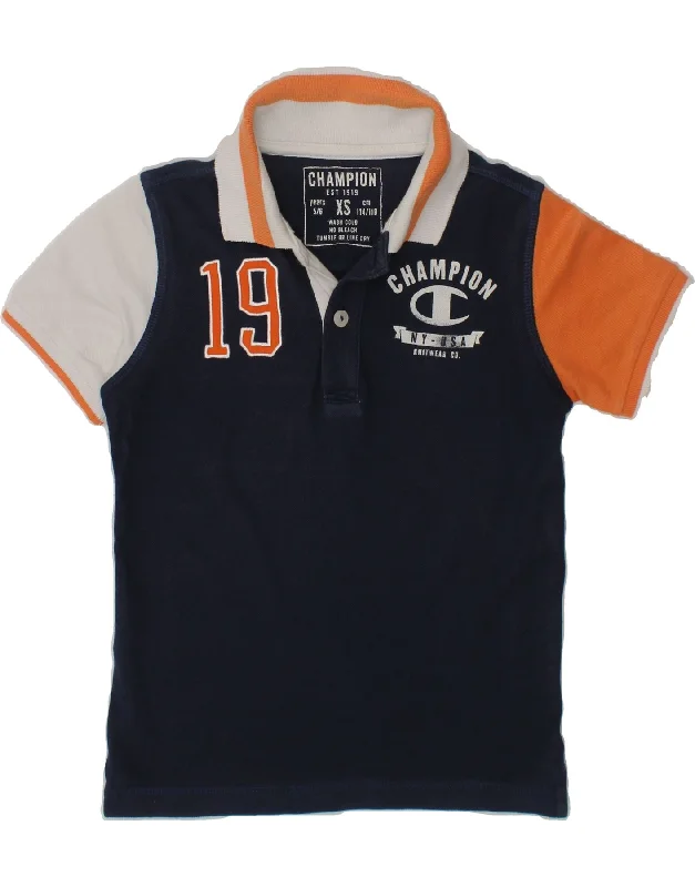 CHAMPION Boys Graphic Polo Shirt 5-6 Years XS Navy Blue Colourblock Cotton