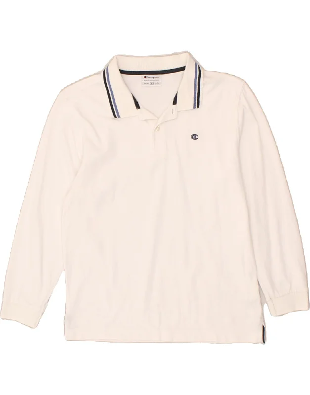 CHAMPION Boys Long Sleeve Polo Shirt 9-10 Years Medium White Cotton