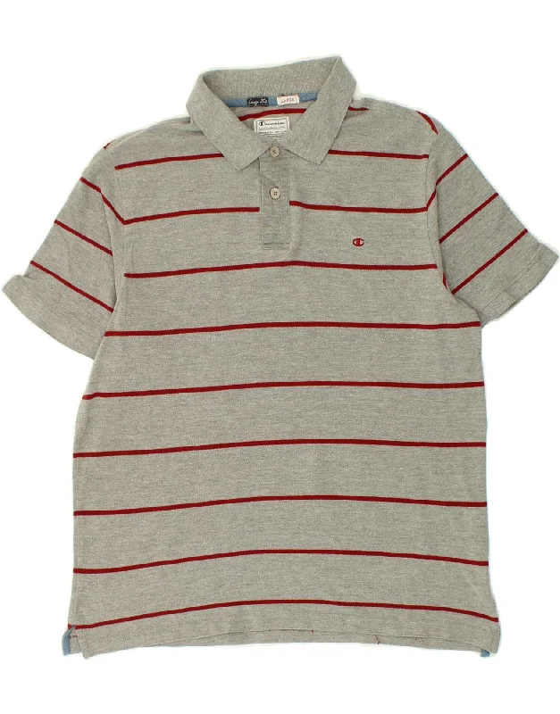 CHAMPION Boys Polo Shirt 12-13 Years Large Grey Striped Cotton