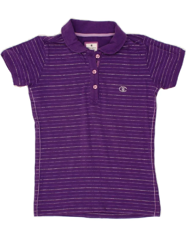 CHAMPION Girls Polo Shirt 11-12 Years Large  Purple Striped Cotton