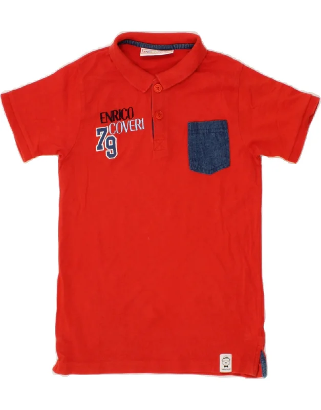 ENRICO COVERI Boys Graphic Polo Shirt 7-8 Years Red Cotton