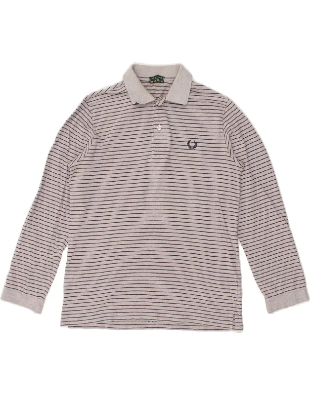 FRED PERRY Boys Long Sleeve Polo Shirt 13-14 Years Grey Striped Cotton