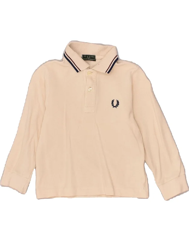 FRED PERRY Boys Long Sleeve Polo Shirt 3-4 Years Off White Cotton