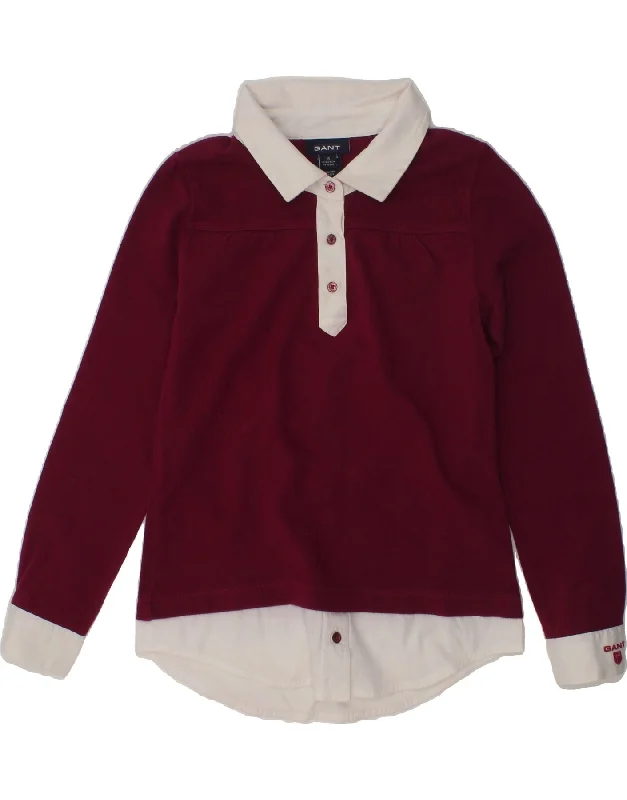 GANT Girls Long Sleeve Polo Shirt 7-8 Years Medium Burgundy Cotton