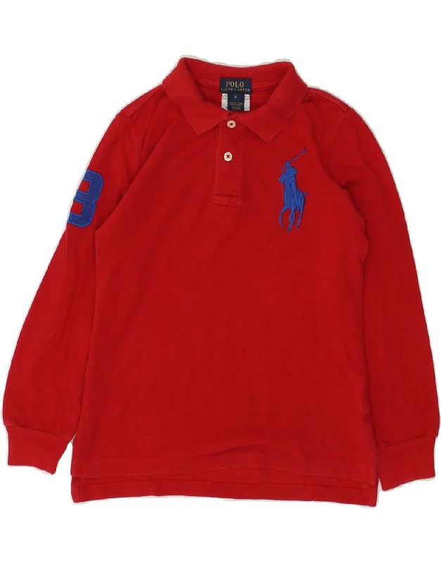 POLO RALPH LAUREN Boys Graphic Long Sleeve Polo Shirt 5-6 Years Red Cotton