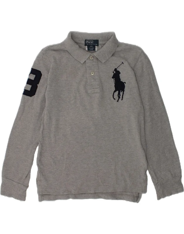 POLO RALPH LAUREN Boys Graphic Long Sleeve Polo Shirt 7-8 Years Small Grey