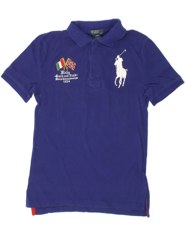 RALPH LAUREN Boys Graphic Polo Shirt 7-8 Years Small Navy Blue Cotton