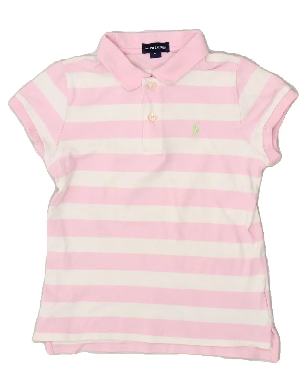 RALPH LAUREN Boys Polo Shirt 7-8 Years Large Pink Striped Cotton