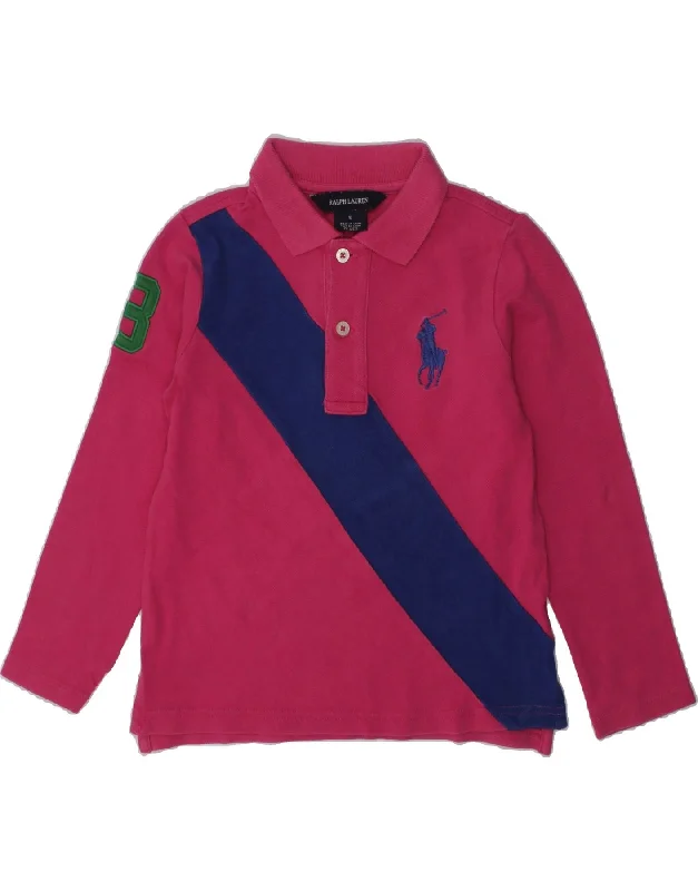 RALPH LAUREN Girls Long Sleeve Polo Shirt 4-5 Years Pink Colourblock