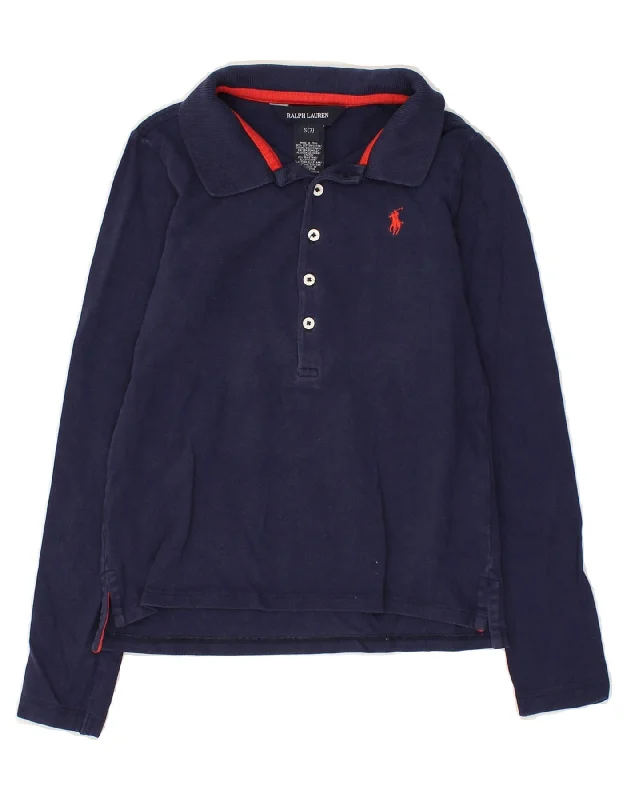 RALPH LAUREN Girls Long Sleeve Polo Shirt 6-7 Years Small Navy Blue Cotton