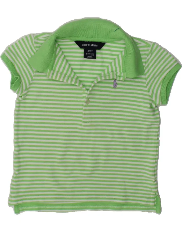 RALPH LAUREN Girls Polo Shirt 3-4 Years Green Striped Cotton