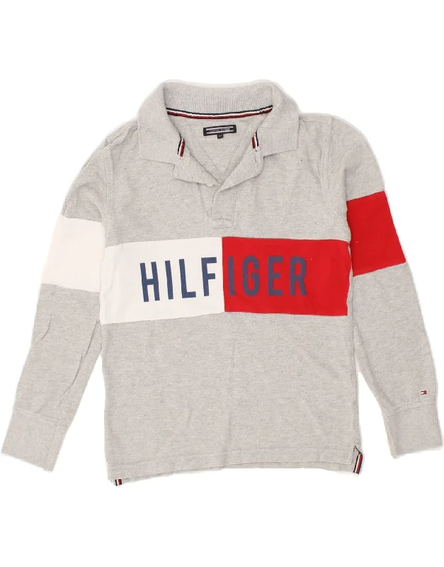 TOMMY HILFIGER Boys Graphic Long Sleeve Polo Shirt 9-10 Years Grey