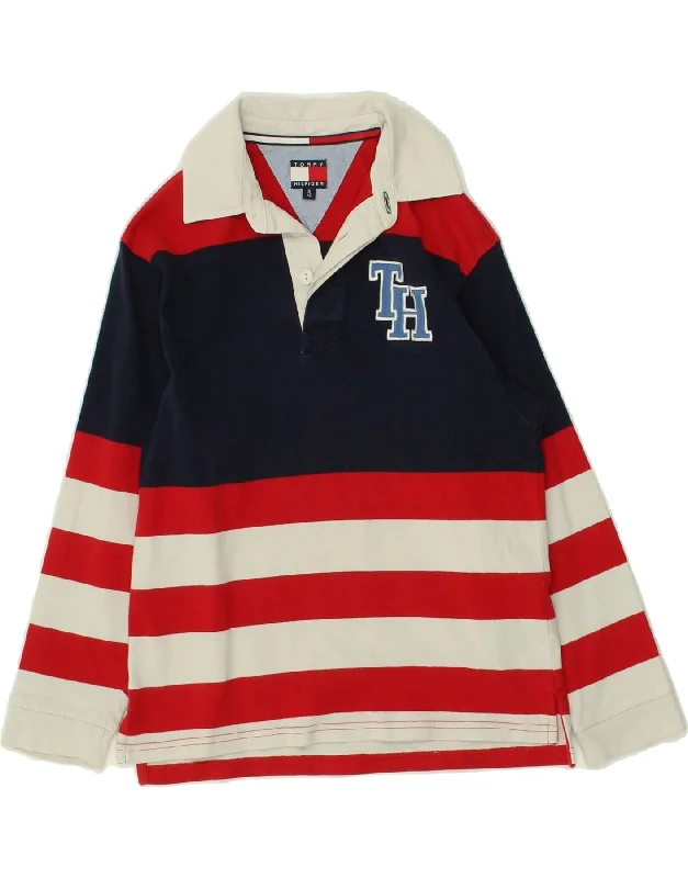 TOMMY HILFIGER Boys Long Sleeve Rugby Polo Shirt 7-8 Years XS Red Striped