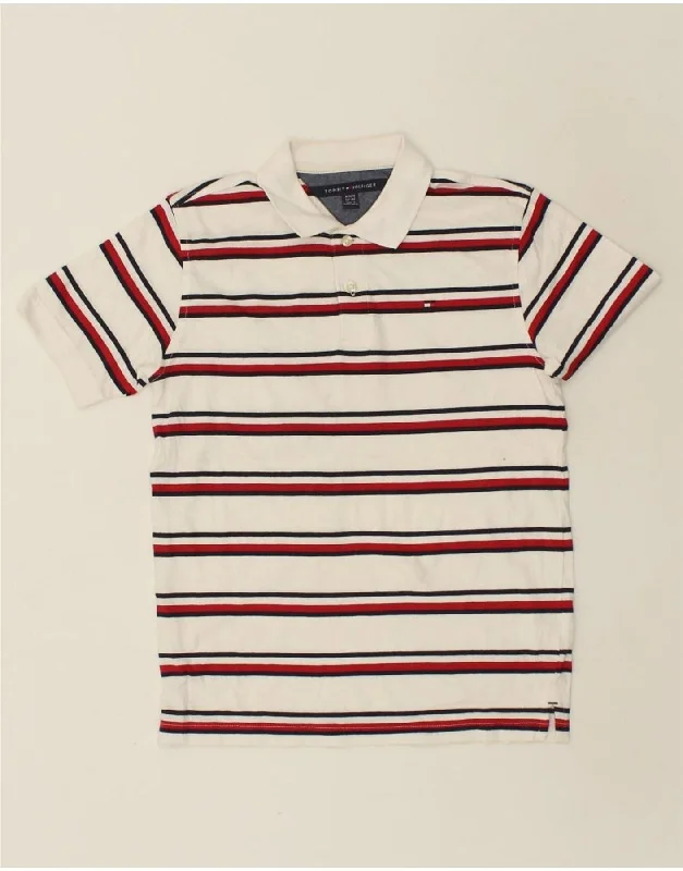 TOMMY HILFIGER Boys Polo Shirt 12-13 Years Medium  White Striped Cotton