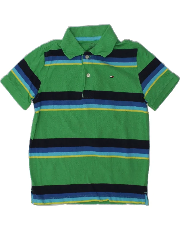 TOMMY HILFIGER Boys Polo Shirt 6-7 Years Small Green Striped Cotton