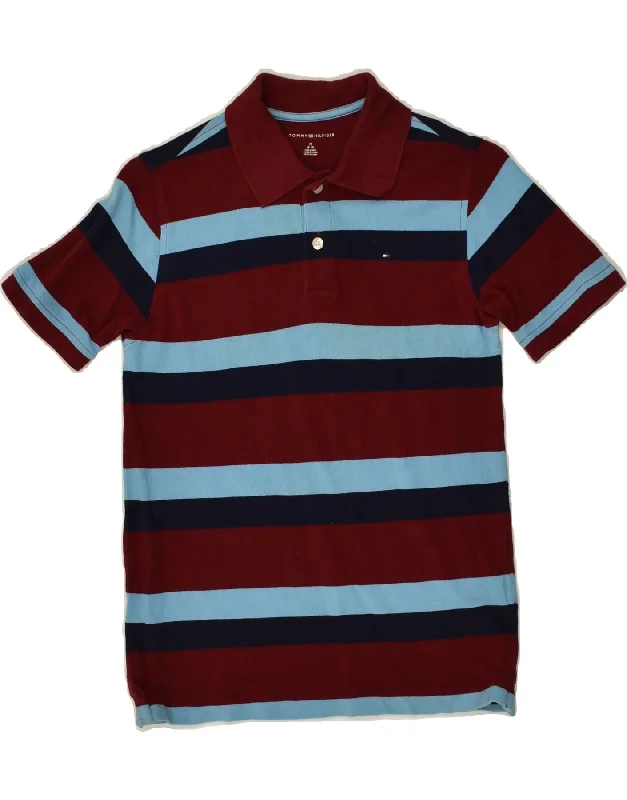 TOMMY HILFIGER Boys Polo Shirt 8-9 Years Maroon Striped Cotton