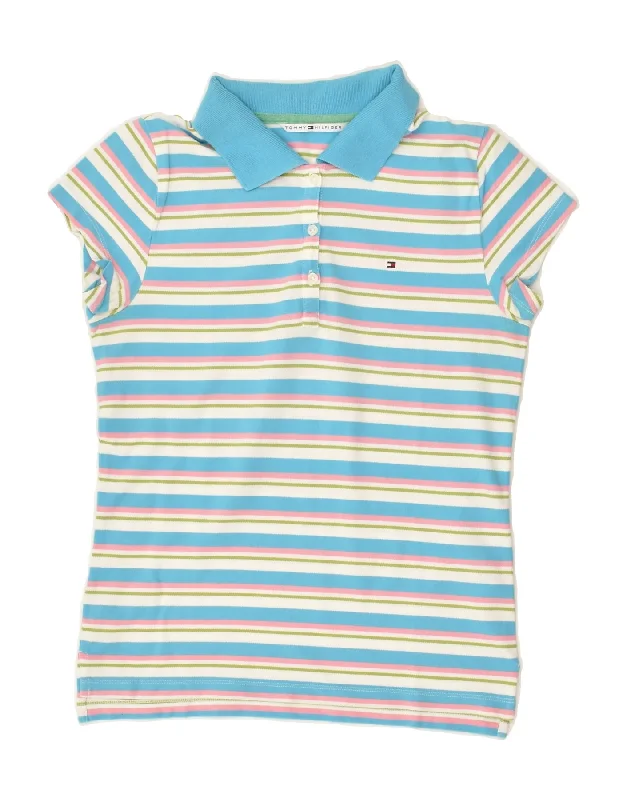 TOMMY HILFIGER Girls Polo Shirt 13-14 Years Large Blue Striped Cotton