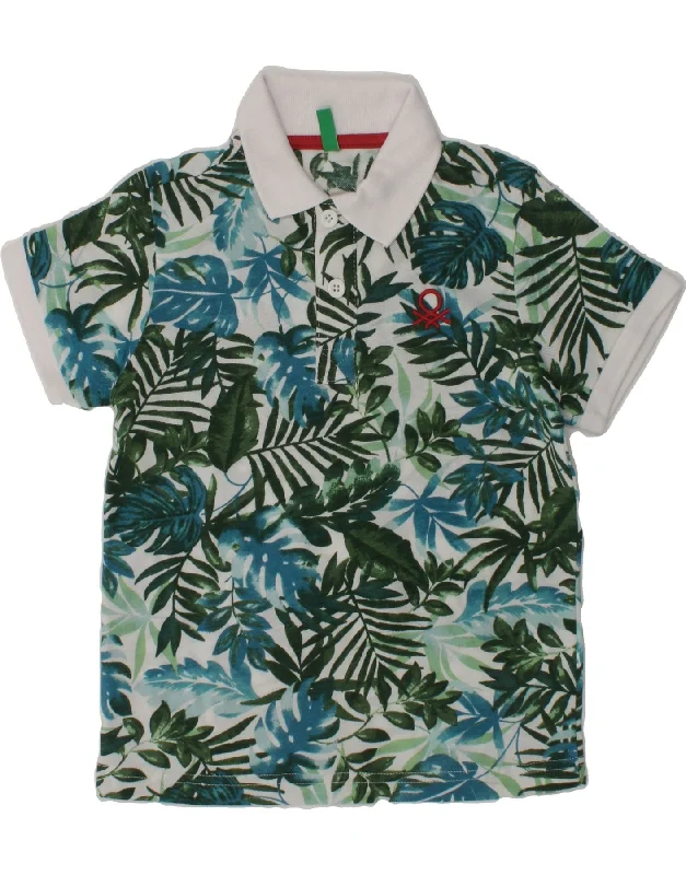 BENETTON Boys Polo Shirt 4-5 Years XS  Green Floral Polyester Hawaiian