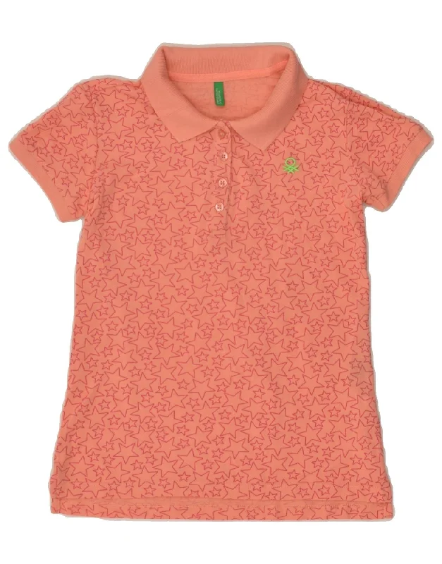 BENETTON Girls Abstract Pattern Polo Shirt 8-9 Years Large Orange