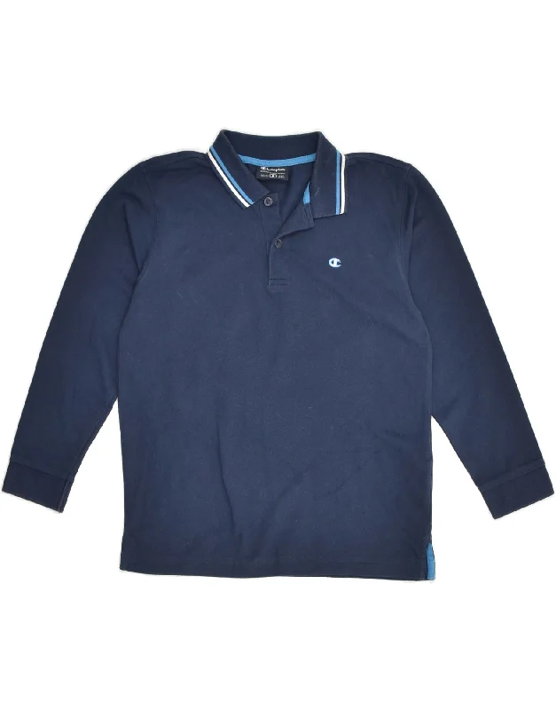 CHAMPION Boys Long Sleeve Polo Shirt 7-8 Years Small Navy Blue Cotton