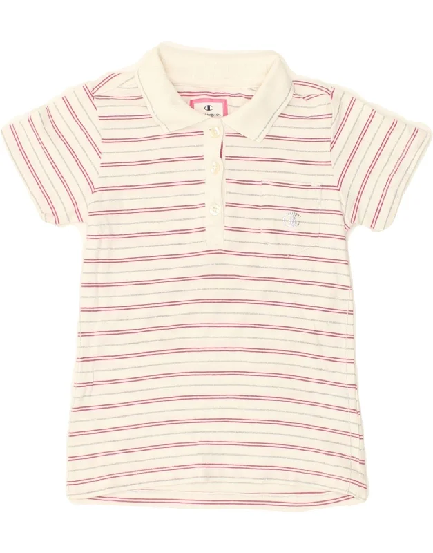 CHAMPION Boys Polo Shirt 7-8 Years Small White Striped Cotton