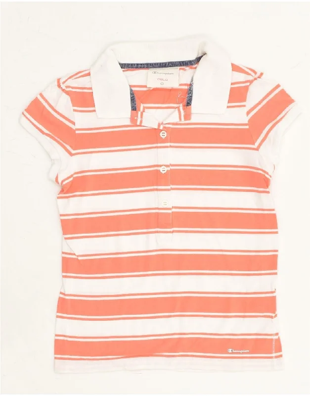 CHAMPION Girls Heritage Fit Polo Shirt 7-8 Years Small Pink Striped Cotton