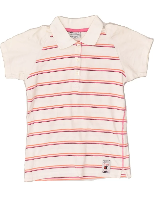 CHAMPION Girls Polo Shirt 13-14 Years XL White Striped Cotton