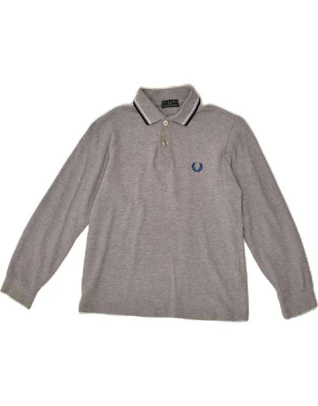 FRED PERRY Boys Long Sleeve Polo Shirt 7-8 Years Grey Cotton