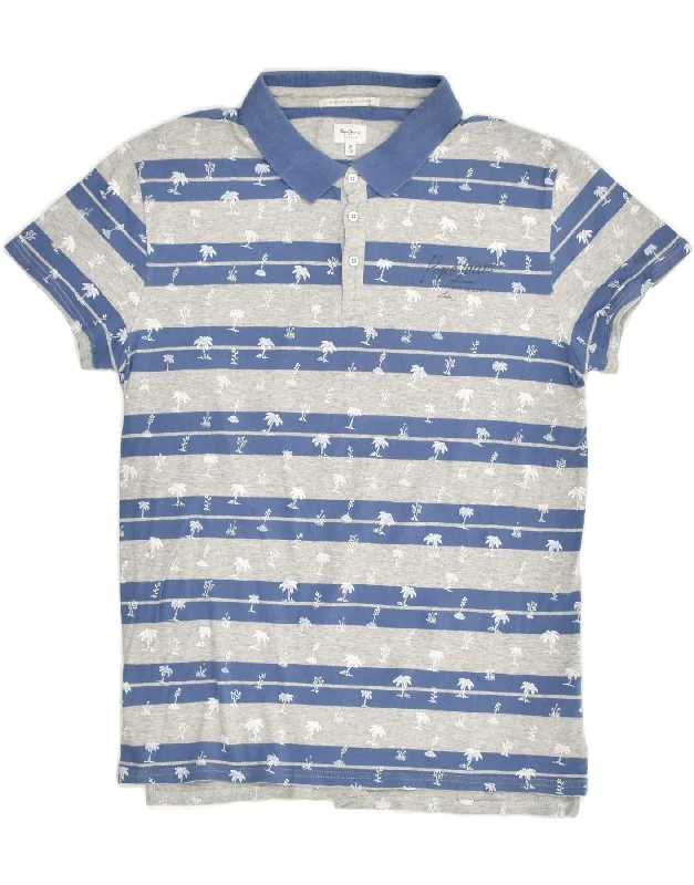 PEPE JEANS Boys Graphic Polo Shirt 15-16 Years Grey Striped Hawaiian