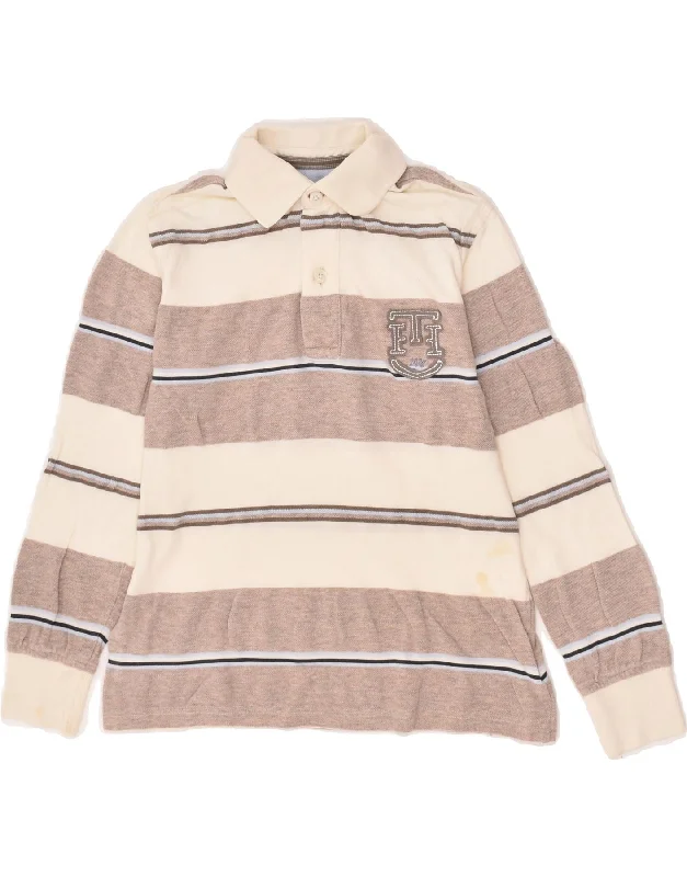 TOMMY HILFIGER Boys Long Sleeve Polo Shirt 7-8 Years Beige Striped Cotton