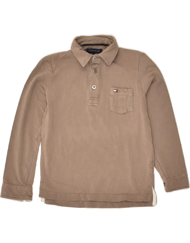 TOMMY HILFIGER Boys Long Sleeve Polo Shirt 7-8 Years Brown Cotton