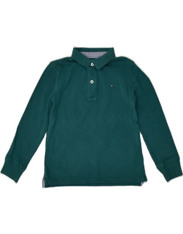 TOMMY HILFIGER Boys Long Sleeve Polo Shirt 7-8 Years Green Cotton