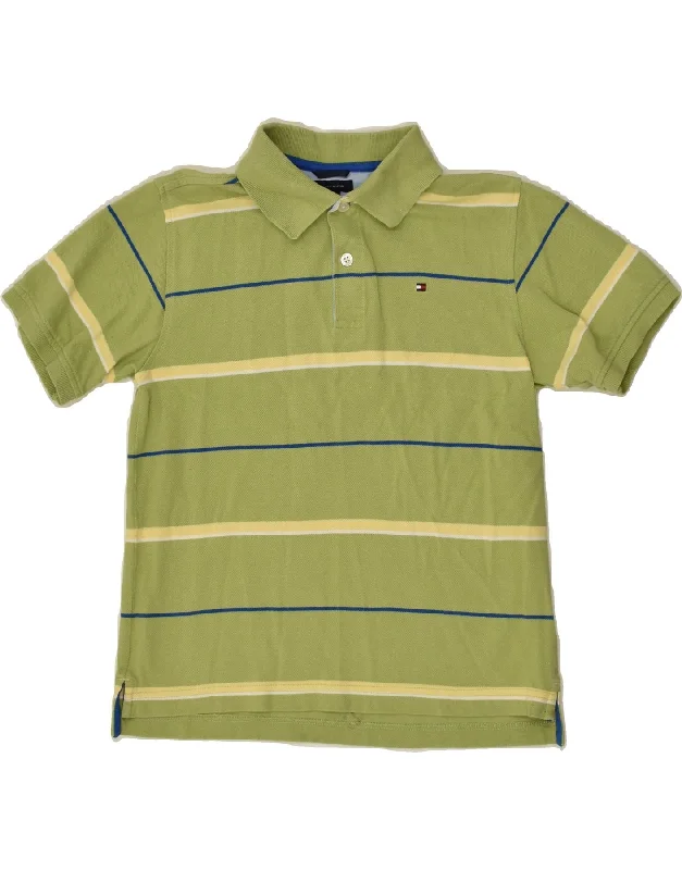 TOMMY HILFIGER Boys Polo Shirt 8-9 Years Small  Green Striped Cotton