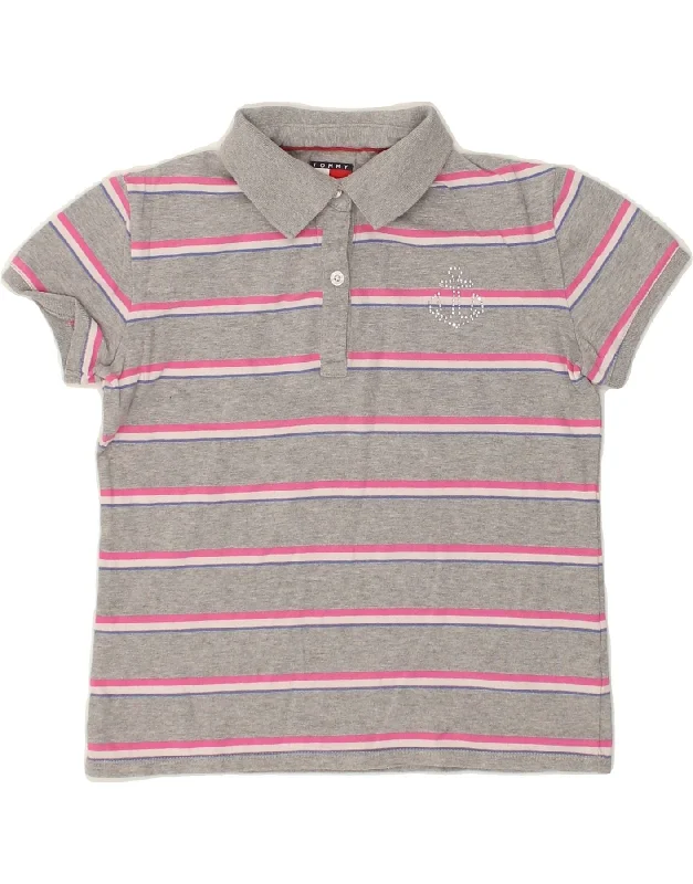 TOMMY HILFIGER Girls Polo Shirt 11-12 Years Medium Grey Striped Cotton