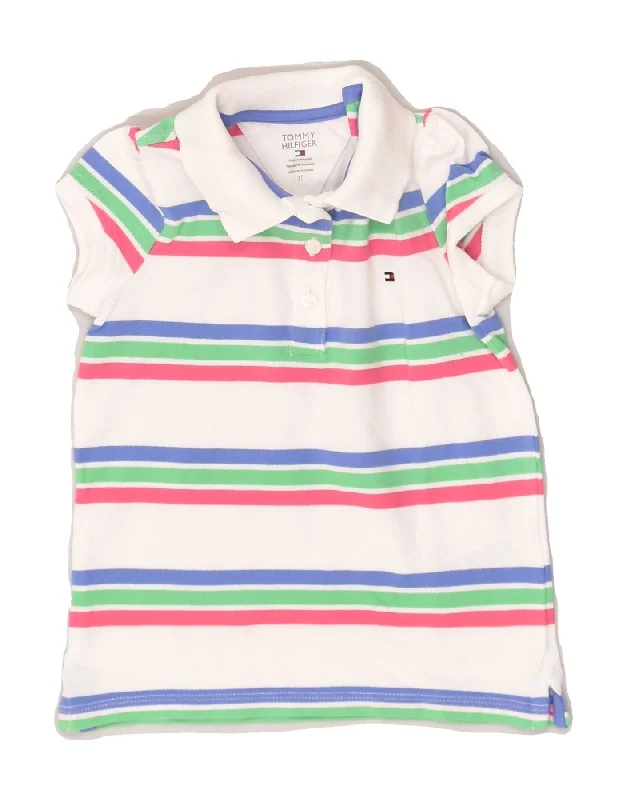 TOMMY HILFIGER Girls Polo Shirt 2-3 Years White Striped Cotton