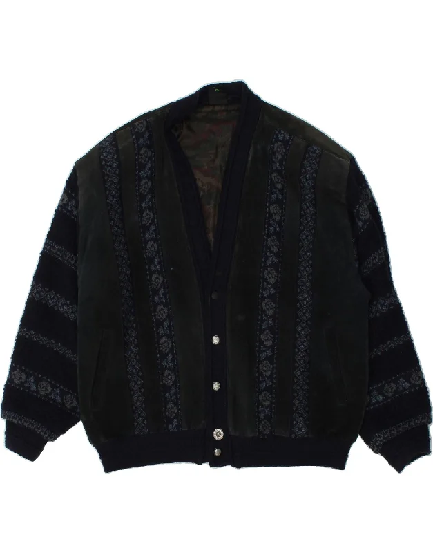 C&A Mens Knit Bomber Jacket UK 42 XL Navy Blue Fair Isle Acrylic