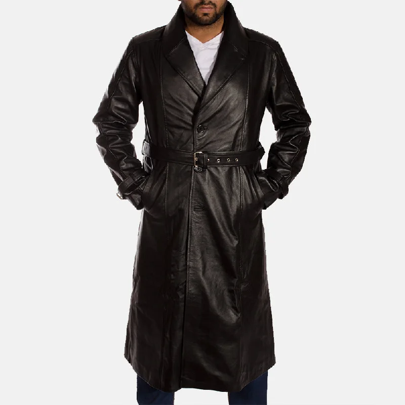 Hooligan Black Leather Trench Coat