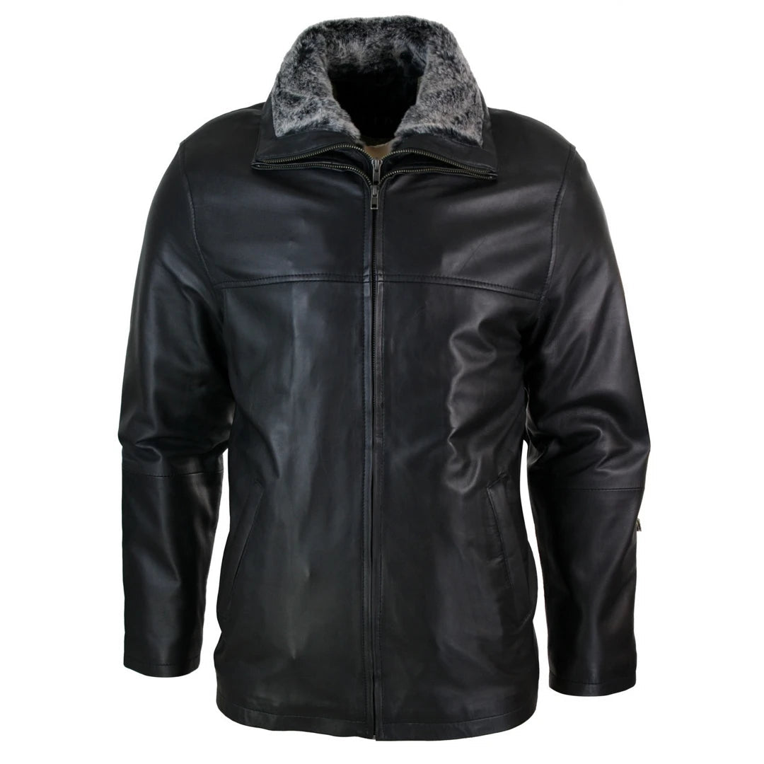 Men's Classic Double Zip Fur Lined Soft Leather Coat Jacket Regular Fit