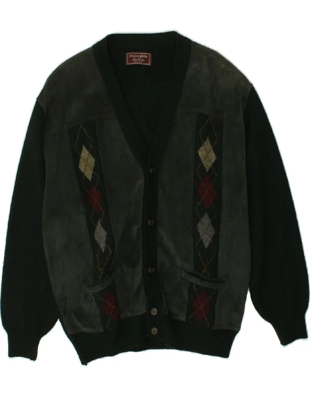 MALAGRIDA Mens Bomber Jacket UK 40 Large Green Argyle/Diamond Leather